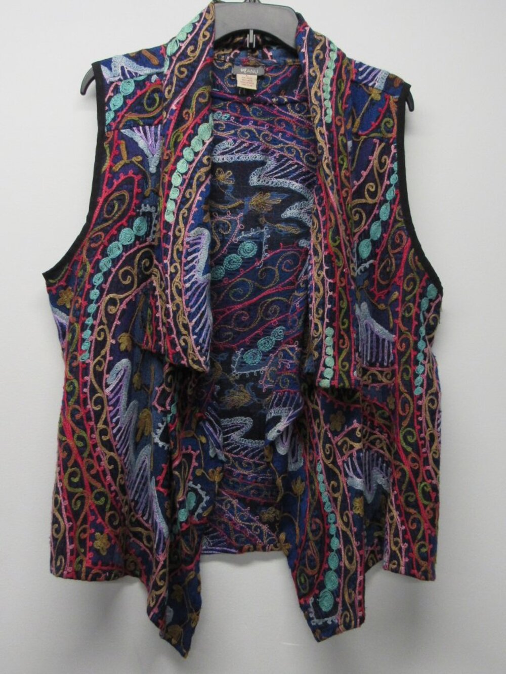 Anu Boho Lagenlook Embroidered Waterfall Vest Cardigan Art To Wear Wool sz L